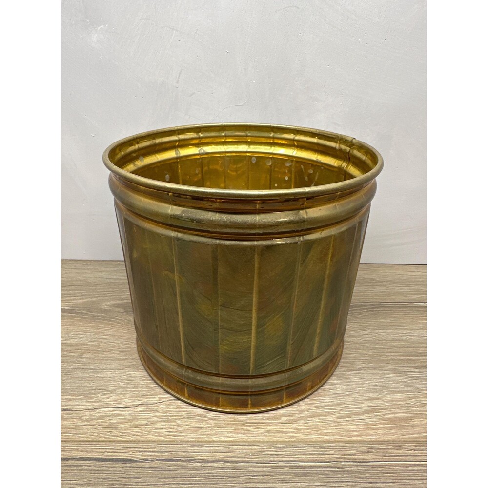 VTG Solid Brass Wide Fluted Planter Pot Patina Cachepot 6x6.75 Inch